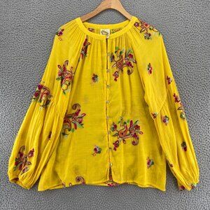 Fig & Flower Top Women Large Yellow Embroidered Floral Gauzy Button Long Sleeve*